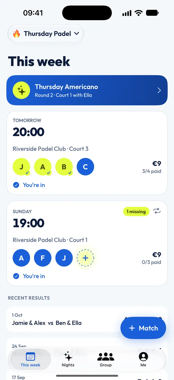 Cuatr screen: Padel night, sorted.